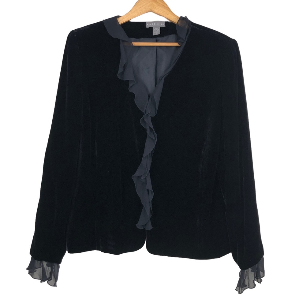 Kate Hill Plus SZ 18 Women’s Black Velvet Jacket w/Sheer Ruffled Collar & Cuffs